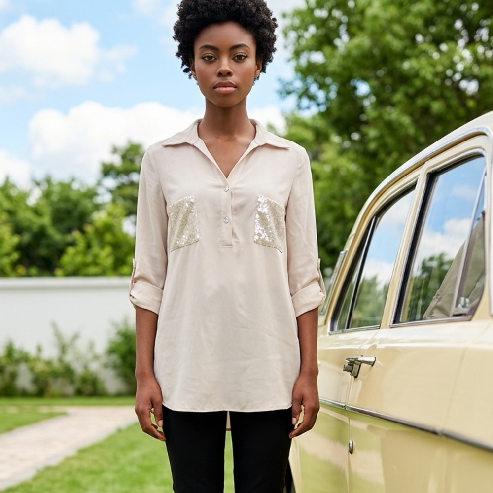 Joseph Ribkoff Cream Sequin Button Down Tunic